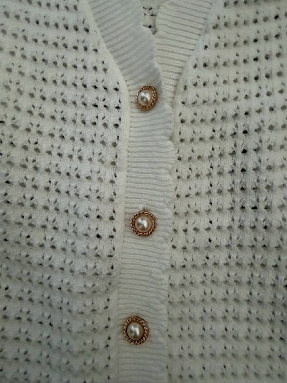 White Waffle-Knit V-Neck Cardigan with Pearl Buttons - Picture 4 of 4
